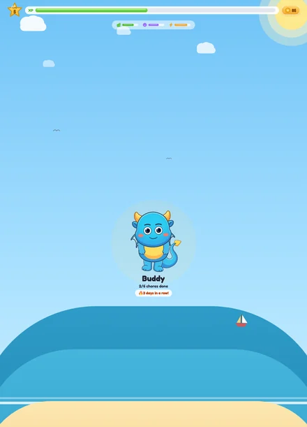 The Buddy screen: the pet with hunger, fun and energy bars