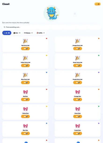 The Closet screen with hats, outfits and accessories